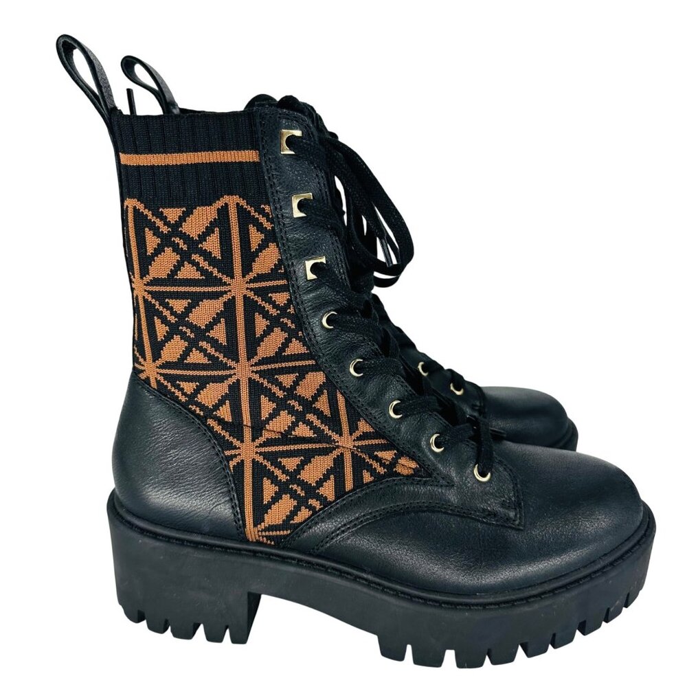 Antonio Melani Womens Black Brown Dempsey Leather Fabric Lace Up Combat Boots 6M - Picture 4 of 11